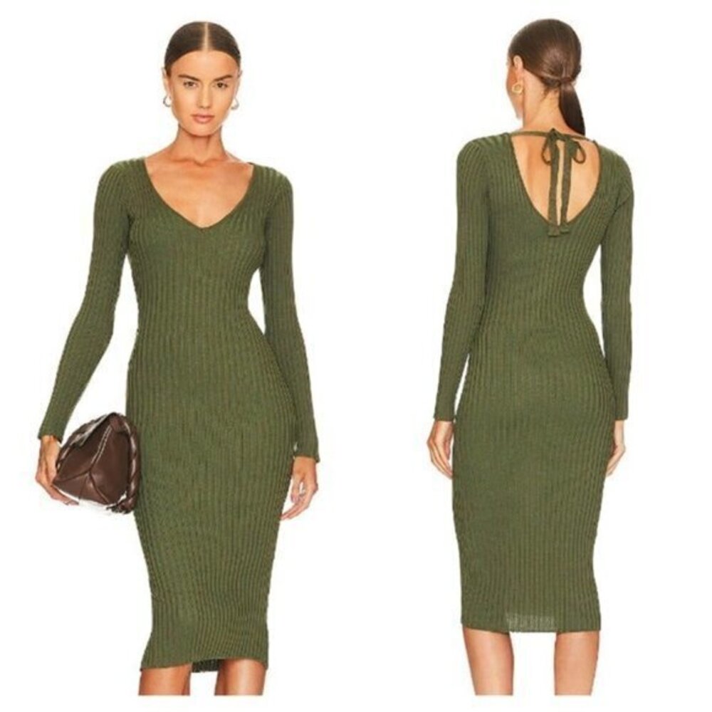 NBD Bekah Deep V Midi Dress - Olive Green